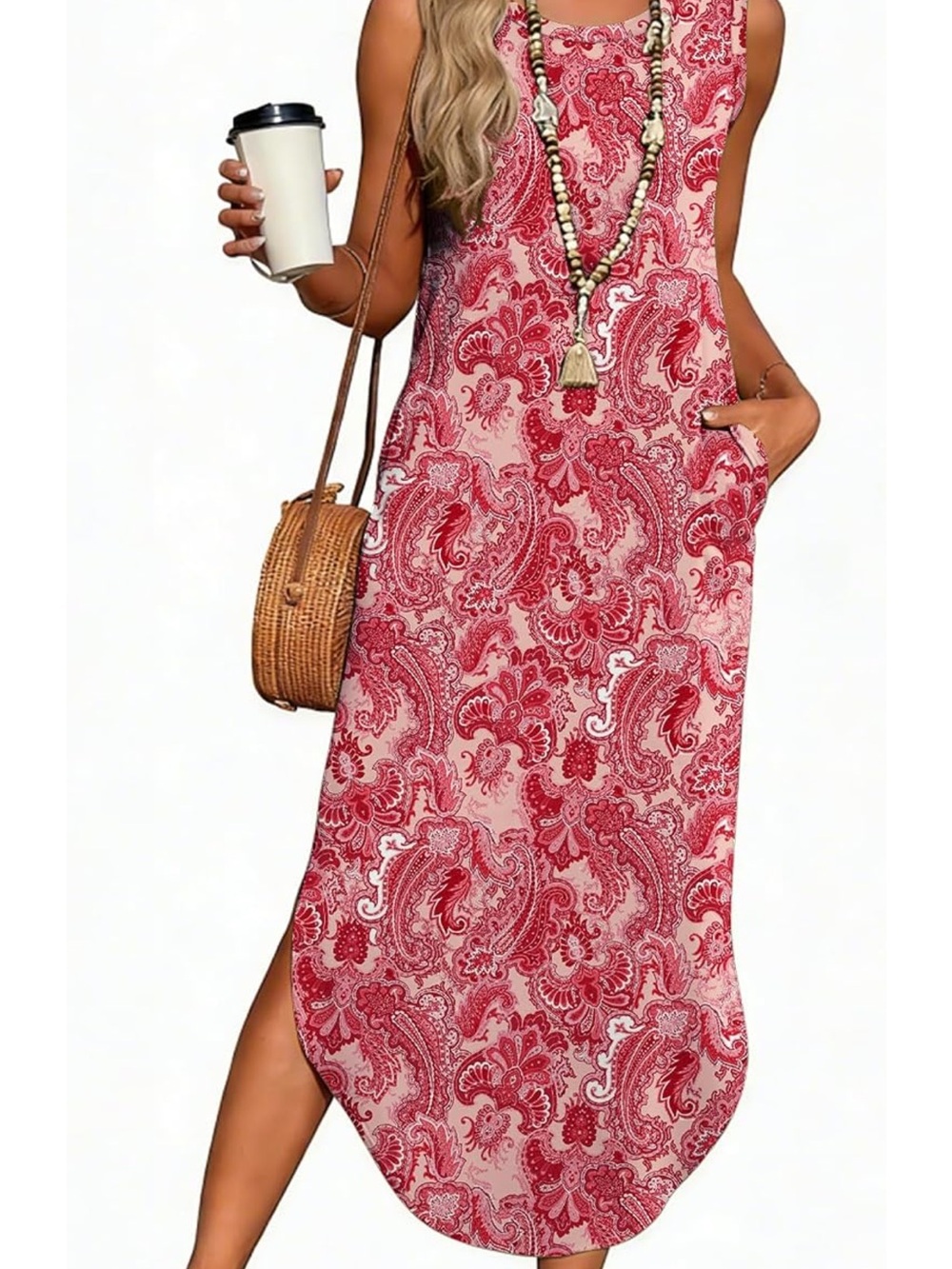 Sleeveless Red Paisley Maxi Dress - Casual Summer